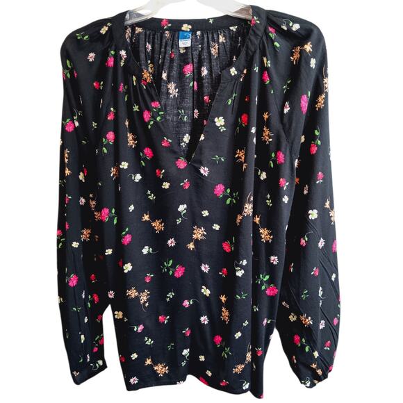 NEW OLD NAVY Black Floral Flowy Top Blouse Large Peasant Bloom Romantic Gathers - Picture 8 of 9
